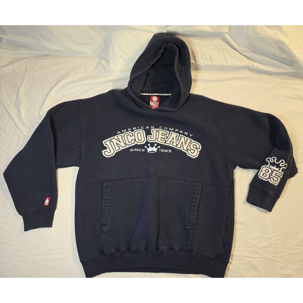 JNCO Jeans Vintage Crown Logo Embroidered Hoodie Distressed Men’s Size L Rare